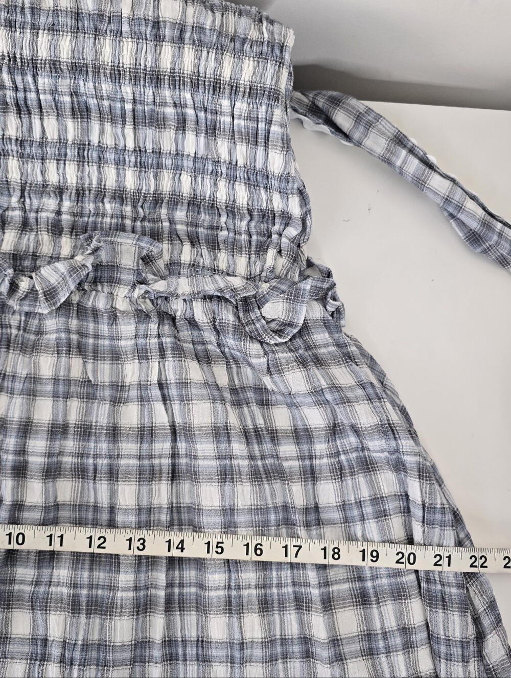Peppermayo Malia Shirred Maxi Dress Blue Grey Check Plaid 8 Smocked Ruffles - Picture 10 of 14